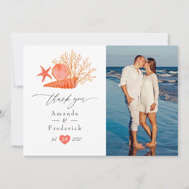 Hochzeit des Korallenstrands mit Aquarellfarben Dankeskarte (Vorderseite)