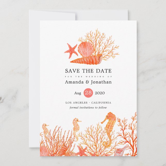 Hochzeit des Korallenstrands mit Aquarellfarben Save The Date (Vorderseite)