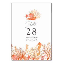 Hochzeit des Korallenstrands mit Aquarellfarben Tischnummer