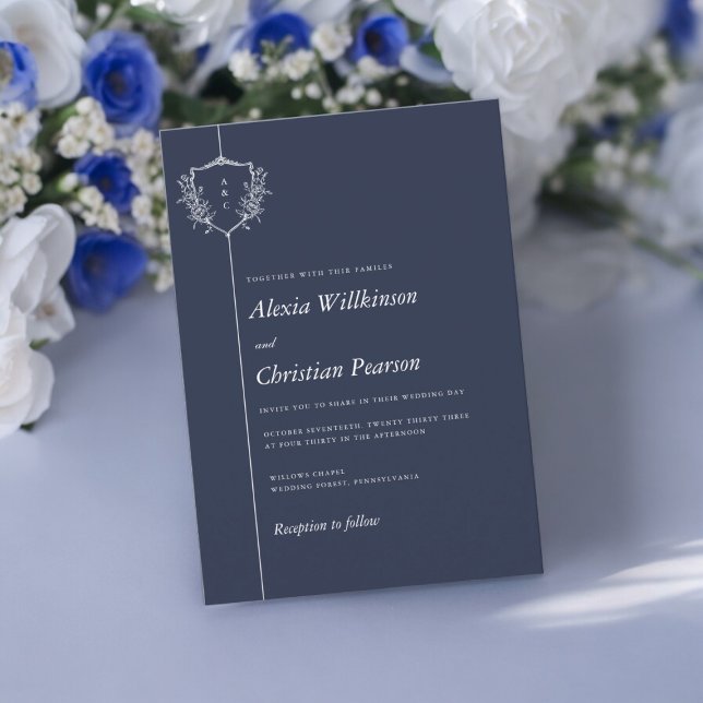 Hochzeit des lässigen Wappen Navy Blue Einladung (casual wedding wording wedding invitation in navy blue with a elegant crest )