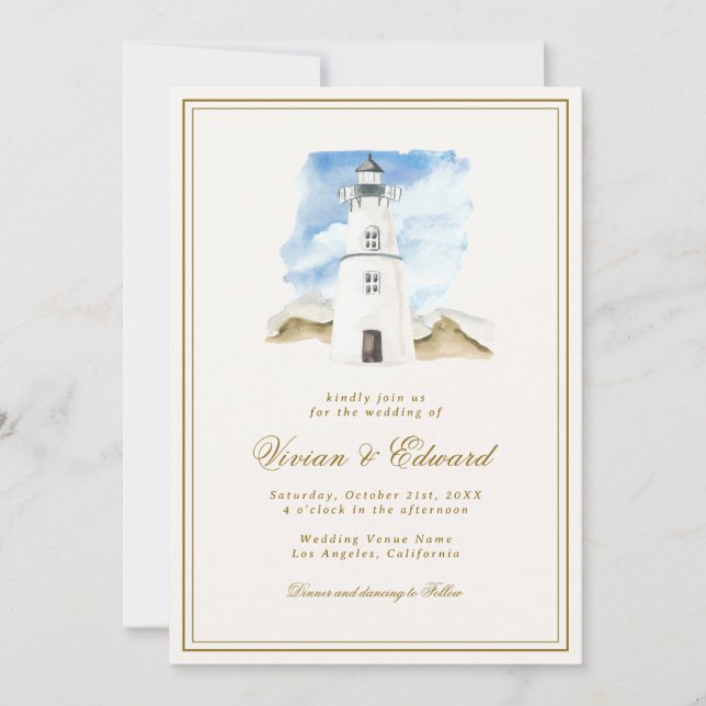 Hochzeit des Leuchtturms an der Küste Einladung (Vorderseite)