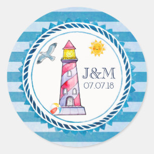 Hochzeit des Leuchtturms "Red Striped Watercolor" Runder Aufkleber