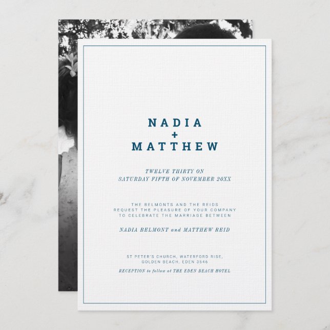 Hochzeit des Minimalistischen Fotos in Blau und We Einladung (Vorne/Hinten)