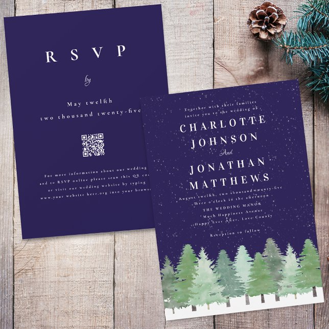 Hochzeit des modernen Winter Woodland Navy Blue QR Einladung (Modern watercolor Woodland snow forest navy blue and white winter wedding qr code invitation)
