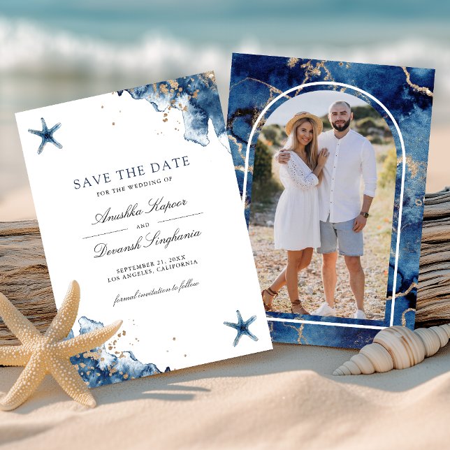 Hochzeit des Nautic Navy Blue Starfish Fotos Save The Date (Von Creator hochgeladen)