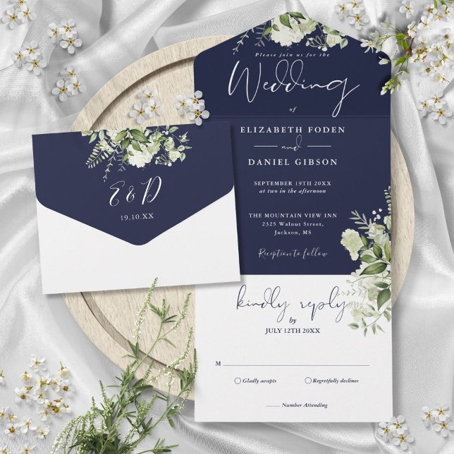 Hochzeit des Navy Blue Botanical Greenerity Monogr All In One Einladung (Navy Blue Botanical Greenery Monogram Wedding All In One Invitation)