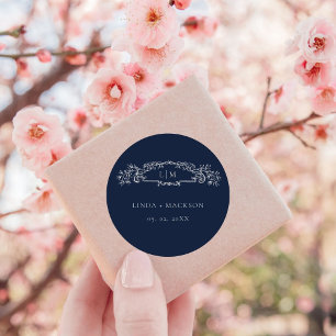 Hochzeit des Navy Blue Botanical Wappen Runder Aufkleber