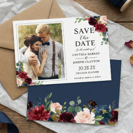 Hochzeit des navy Blue Burgundy Rustic Floral Foto Save The Date
