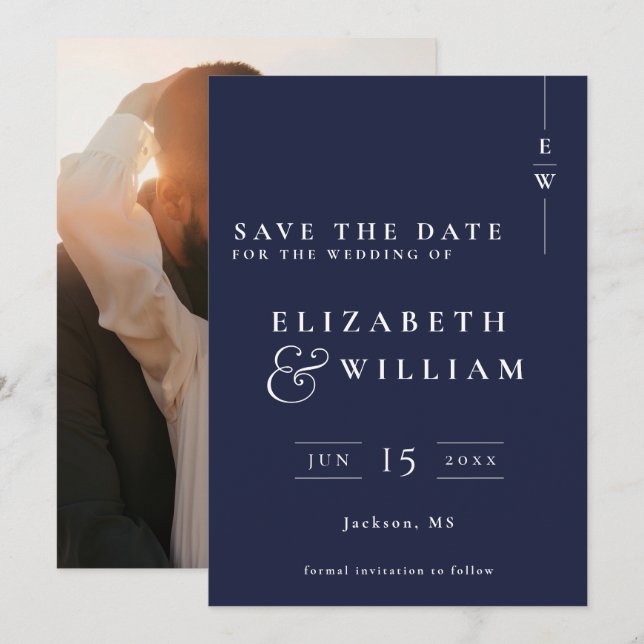 Hochzeit des Navy Blue Modern Monogram Foto Save The Date (Vorne/Hinten)