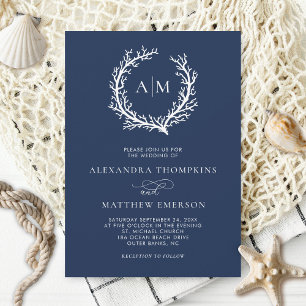 Hochzeit des Navy Blue Nautical Coral Reef Einladung