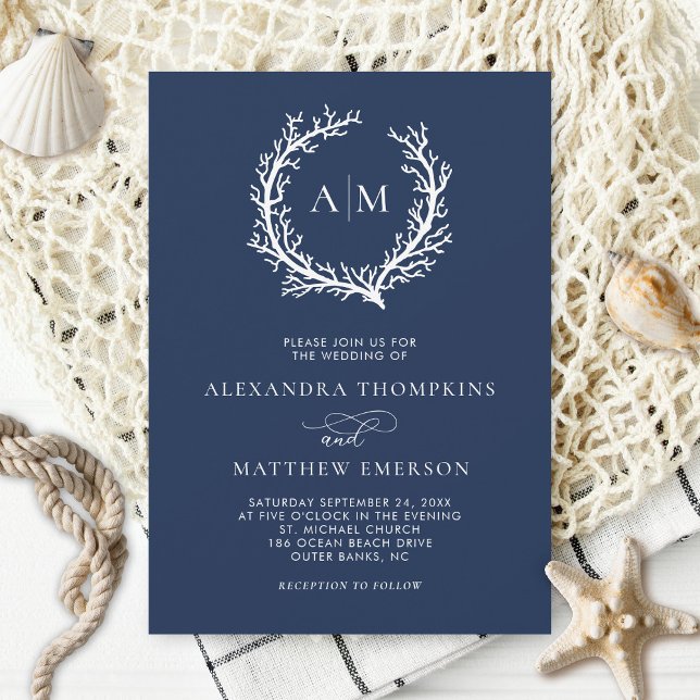 Hochzeit des Navy Blue Nautical Coral Reef Einladung (Von Creator hochgeladen)
