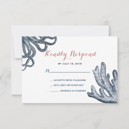 Hochzeit des Navy Blue Octopus Coral Nautical Beac RSVP Karte