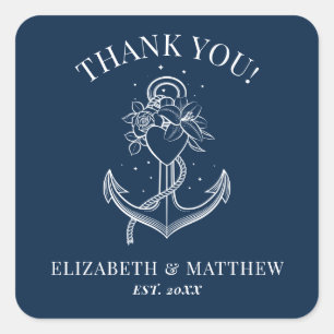 Hochzeit des Navy Blue White Nautical Anchor Quadratischer Aufkleber