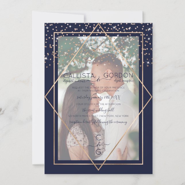 Hochzeit des Navy Gold Confetti Geo Border Fotos Einladung (Vorderseite)