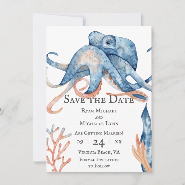 Hochzeit des Octopus Sea Life Beach Save The Date (Vorderseite)