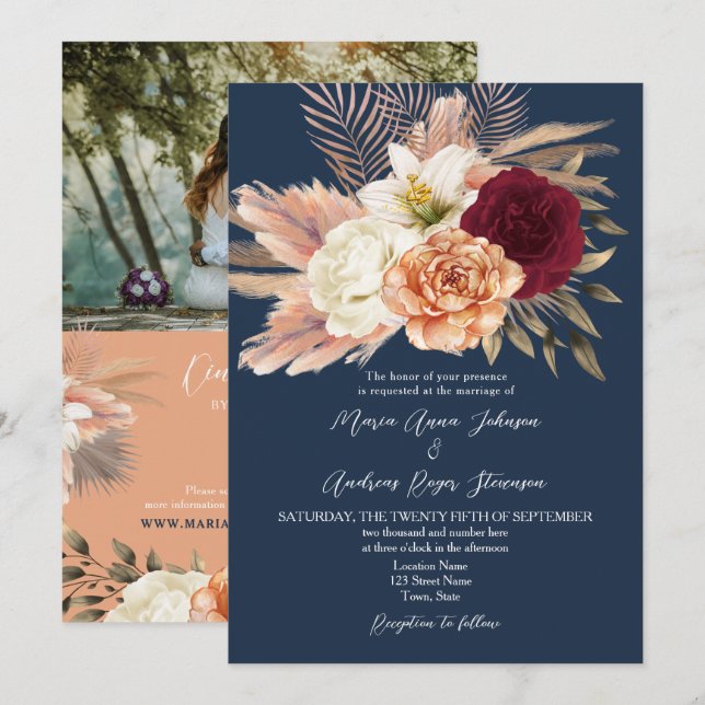 Hochzeit des QR-Codes der burgundy Navy Einladung (Vorne/Hinten)