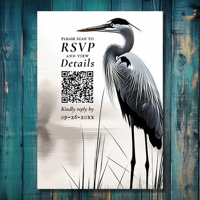 Hochzeit des QR-Codes für Blauhelme-Küstenvögel RSVP Karte (Front - Great Blue Heron Water Bird QR Code Wedding RSVP Card
)