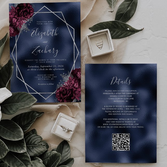 Hochzeit des QR-Codes für Navy Blue Burgundy Silve Einladung (Von Creator hochgeladen)