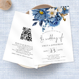 Hochzeit des QR-Codes von Navy Blue Gold Florals Einladung