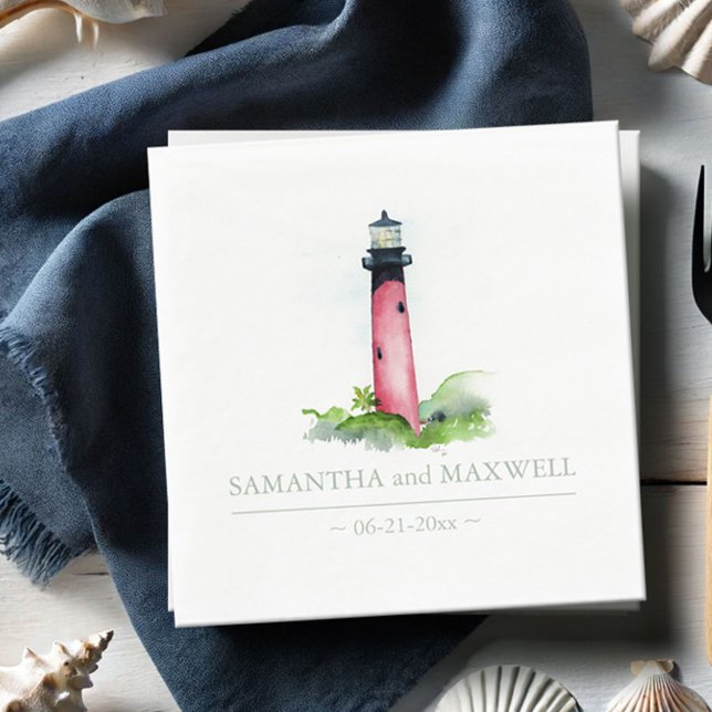 Hochzeit des Red Lighthouse Beach Serviette (Jupiter lighthouse personalized napkins watercolor art by Victoria Grigaliunas of Do Tell A Belle)