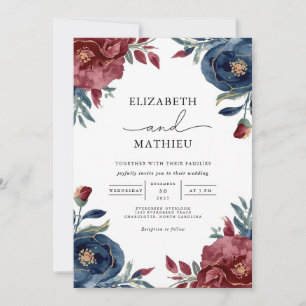 Hochzeit des reichen Burgund-Navy-Blumengartens Einladung