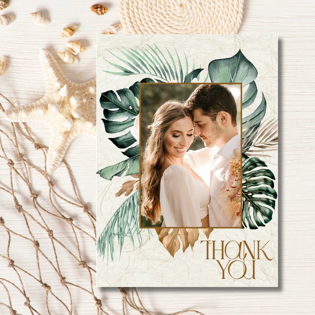 Hochzeit des tropischen Fotos Dankeskarte (Tropical Floral Photo Beach Wedding Thank You Card)