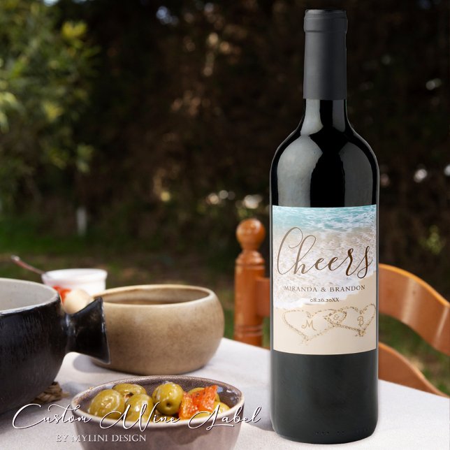 Hochzeit des tropischen Strandes mit blauem Ozean Weinetikett (Von Creator hochgeladen)