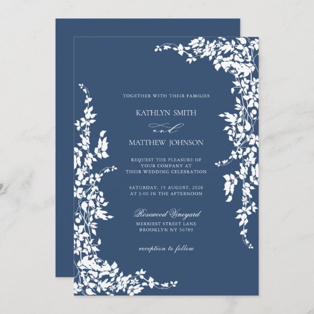Hochzeit des Vintagen Blumengartens Navy Classic Einladung (Vorne/Hinten)