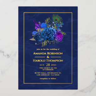 Hochzeit des Vintagen Pfauens in Navy und Gold Folieneinladung