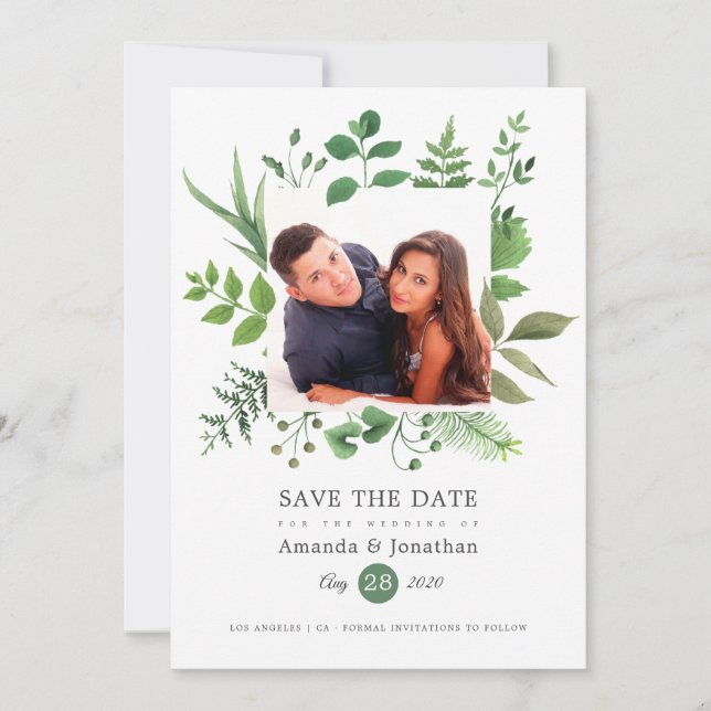 Hochzeit des Wald-Fotos Watercolor Save The Date (Vorderseite)