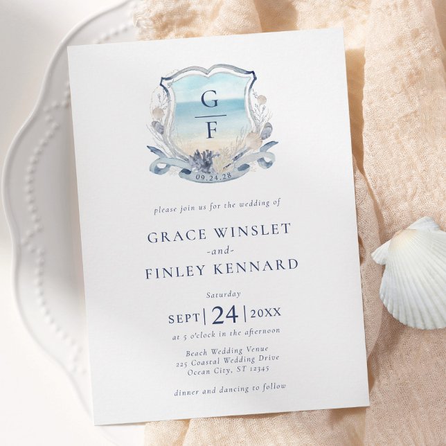 Hochzeit des Wappen "Watercolor Beach Monogram" Einladung (Von Creator hochgeladen)