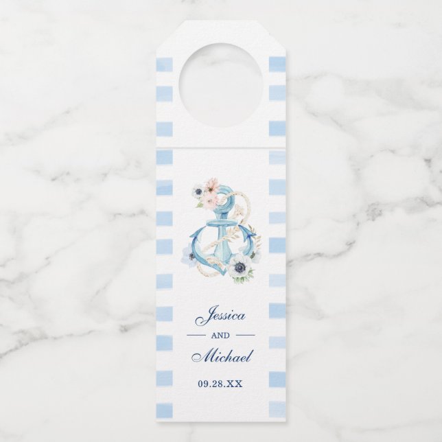 Hochzeit des Wasserfarben-Ankerstrands Flaschenanhänger (Vorderseite)
