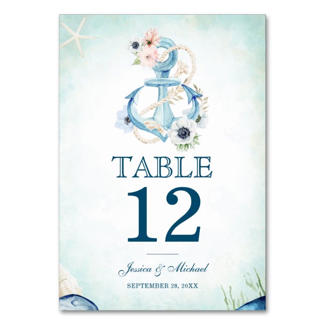 Hochzeit des Wasserfarben-Ankerstrands Tischnummer (Vorderseite)