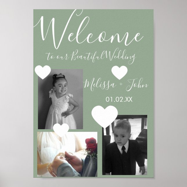 Hochzeit drei Foto Collage Script und Herz Post Poster (Vorne)