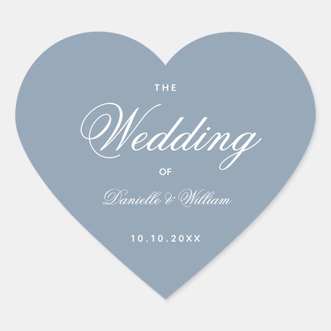 Hochzeit Dusty Blue Heart Elegante weiße Kalligrap Herz-Aufkleber (Vorderseite)