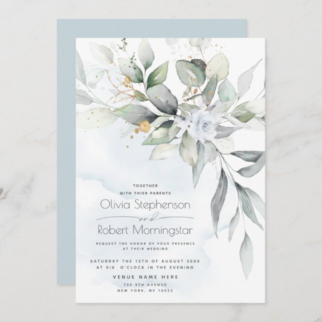 Hochzeit | Dusty Blue Rose Woodland Greenery Boho Einladung (Vorne/Hinten)