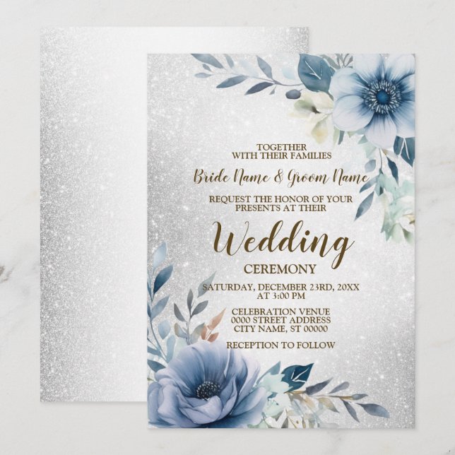 Hochzeit Dusty Blue Watercolor Blume Silver Einladung (Vorne/Hinten)