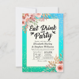 Hochzeit EAT Drink und Party Aquamarine Golddots Einladung
