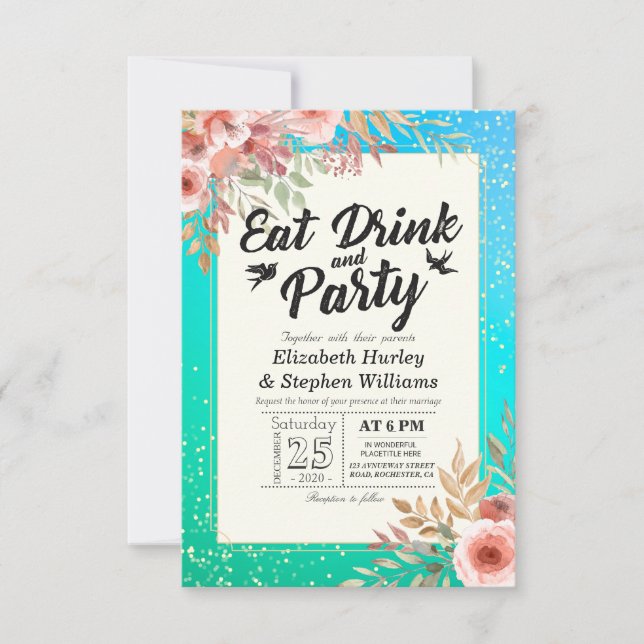 Hochzeit EAT Drink und Party Aquamarine Golddots Einladung (Vorderseite)