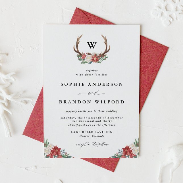 Hochzeit eines Festtages mit Wasserfarbe Einladung (Watercolor Antler Wreath Monogram Christmas Wedding Invitation)