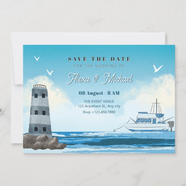 Hochzeit eines Schiffes mit blauem Wasser Save The Date (Vorderseite)