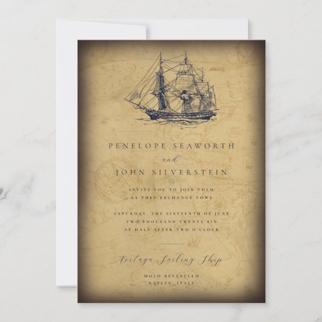Hochzeit eines Vintagen Kartenschiffs Einladung (Vorderseite)