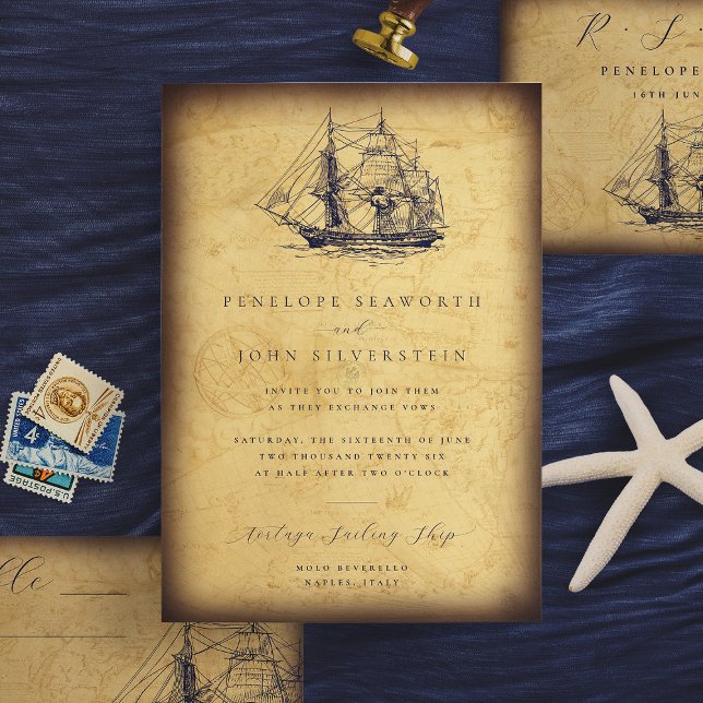 Hochzeit eines Vintagen Kartenschiffs Einladung (Nautical Vintage Map Ship Illustration Wedding Invitation)