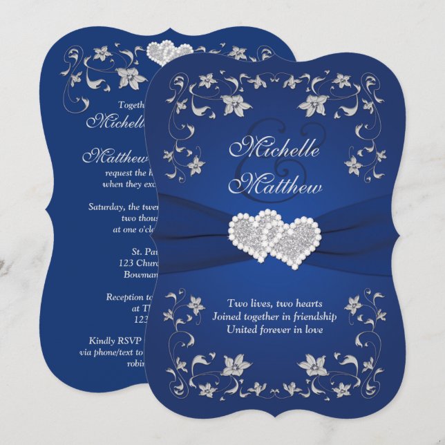 Hochzeit Einladung 2 Royal Blue Silver, Floral, He (Vorne/Hinten)