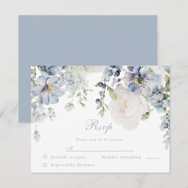 Hochzeit Elegance Dusty Blue & White Floral Weddin RSVP Karte (Vorne/Hinten)