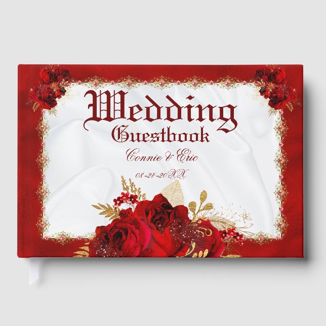 Hochzeit Elegant Red Gold White Floral Gästebuch (Vorderseite)