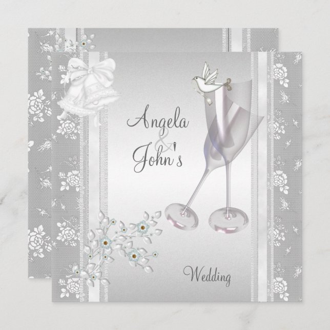 Hochzeit Elegant Silver Lace Floral Einladung (Vorne/Hinten)