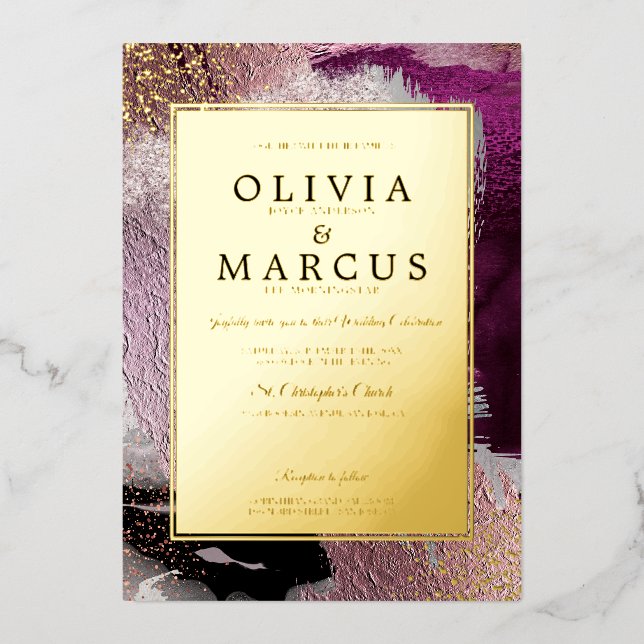 HOCHZEIT | Elegante Gold Cassis Plum Pinselstriche Folieneinladung (Vorderseite)