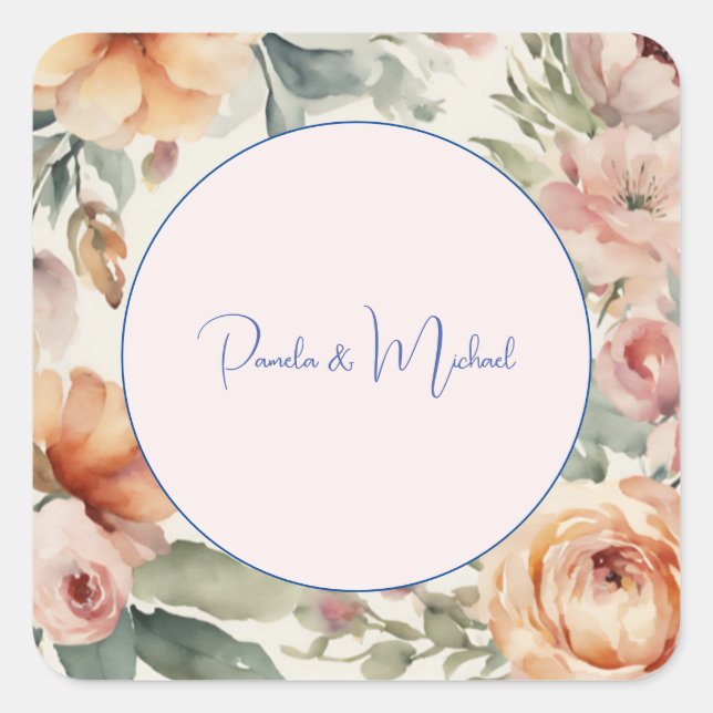 Hochzeit Elegante Minimalistische klassische Flora Quadratischer Aufkleber (Vorderseite)