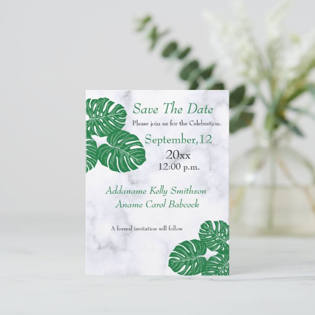 Hochzeit elegante moderne tropische Blätter aus Ma Save The Date (Stehend Vorderseite)